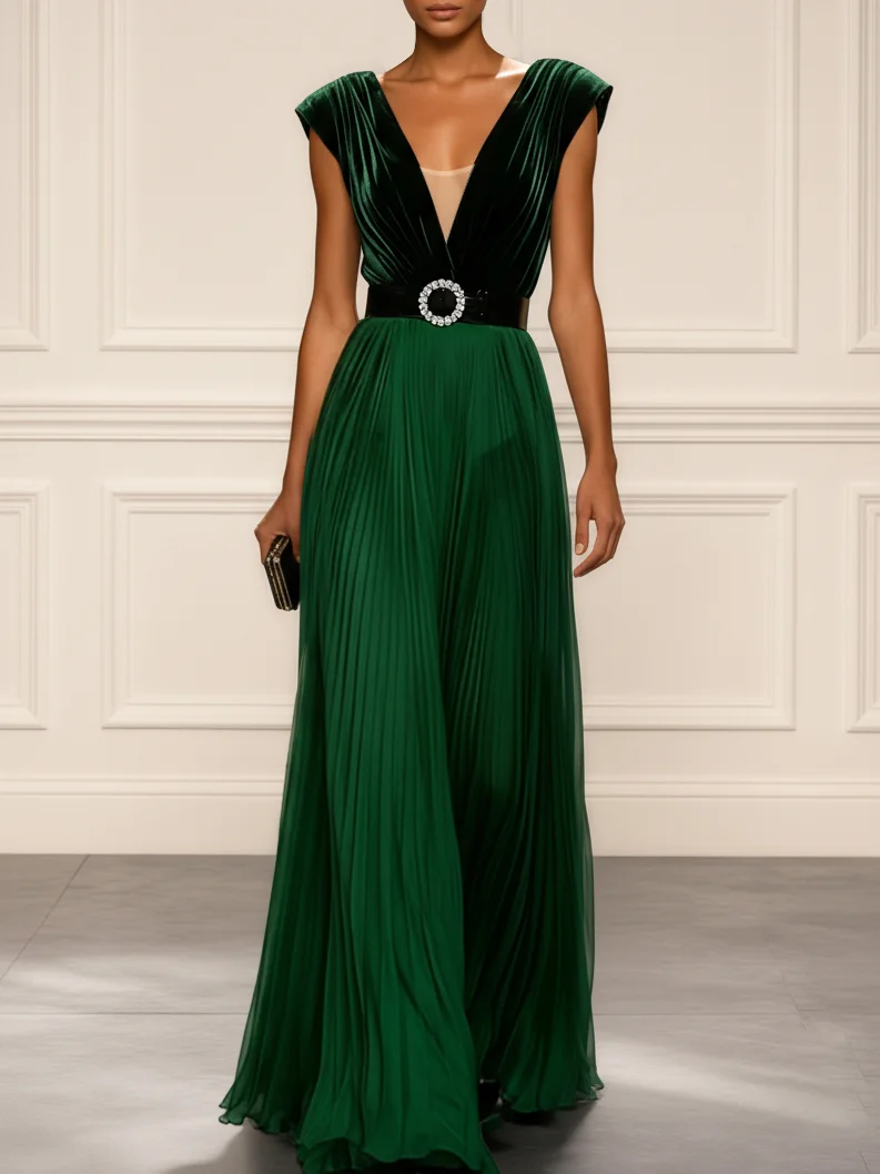 Green Ruched Split Joint Velvet V Neck Sleeveless A-Line Maxi Dress