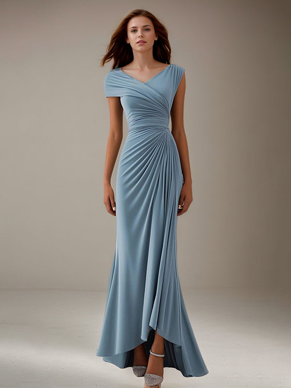 Wedding Guest Party Dress Blue V-Neck Sleeveless Asymmetric Pleated Dress