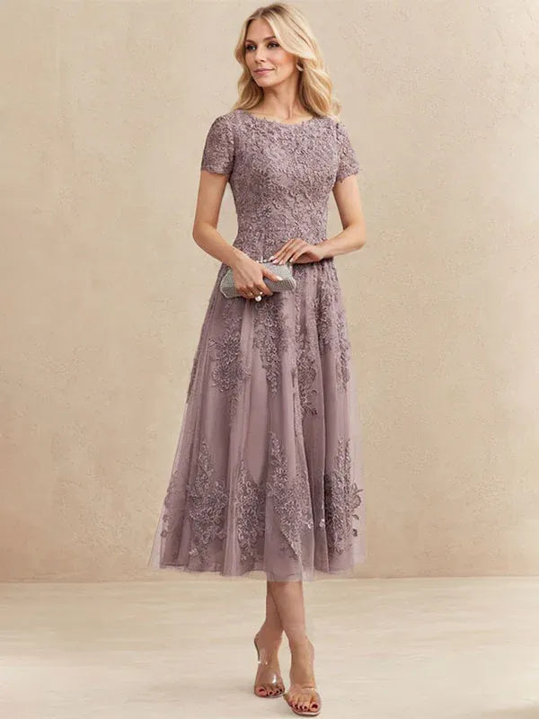 A-line Scoop Tea-Length Tulle Lace Mother of the Bride Dress