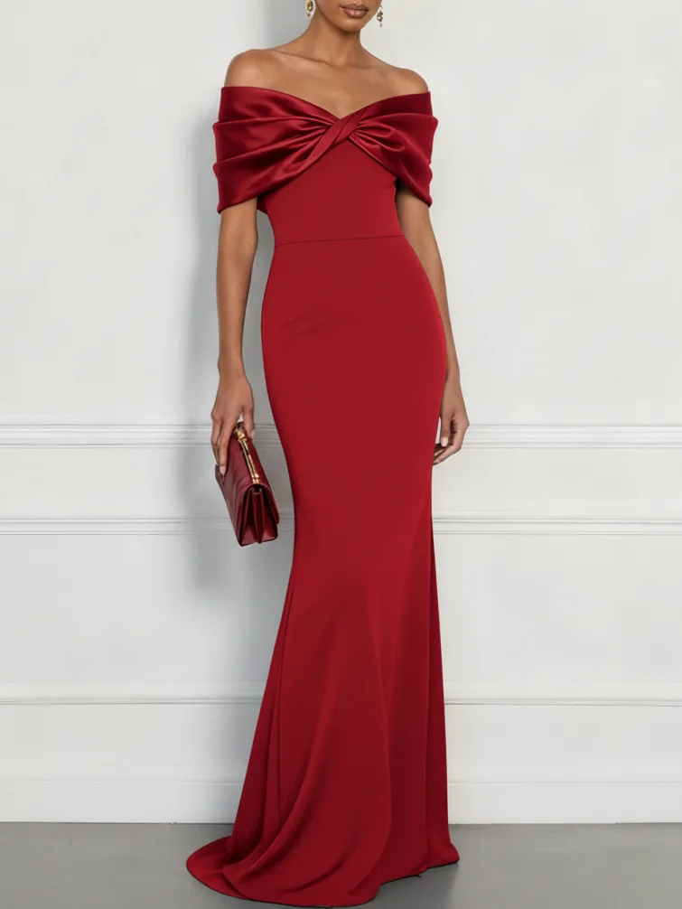 Red Knot Bow Classic Off The Shoulder Sleeveless Mermaid Gown Dress