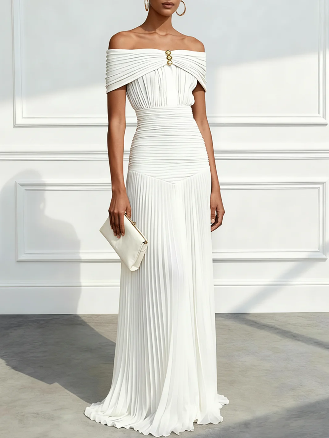 White Pleated Buckle Chiffon Off The Shoulder Sleeveless Sheath Gown Dress