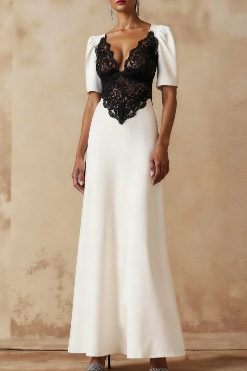 White Formal Evening Dress Sheath V-Neck Lace Maxi Dress