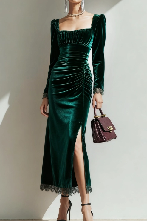 Formal Party Dress Emerald Green Square Neck Ruched Velvet Maxi Dress with Slit