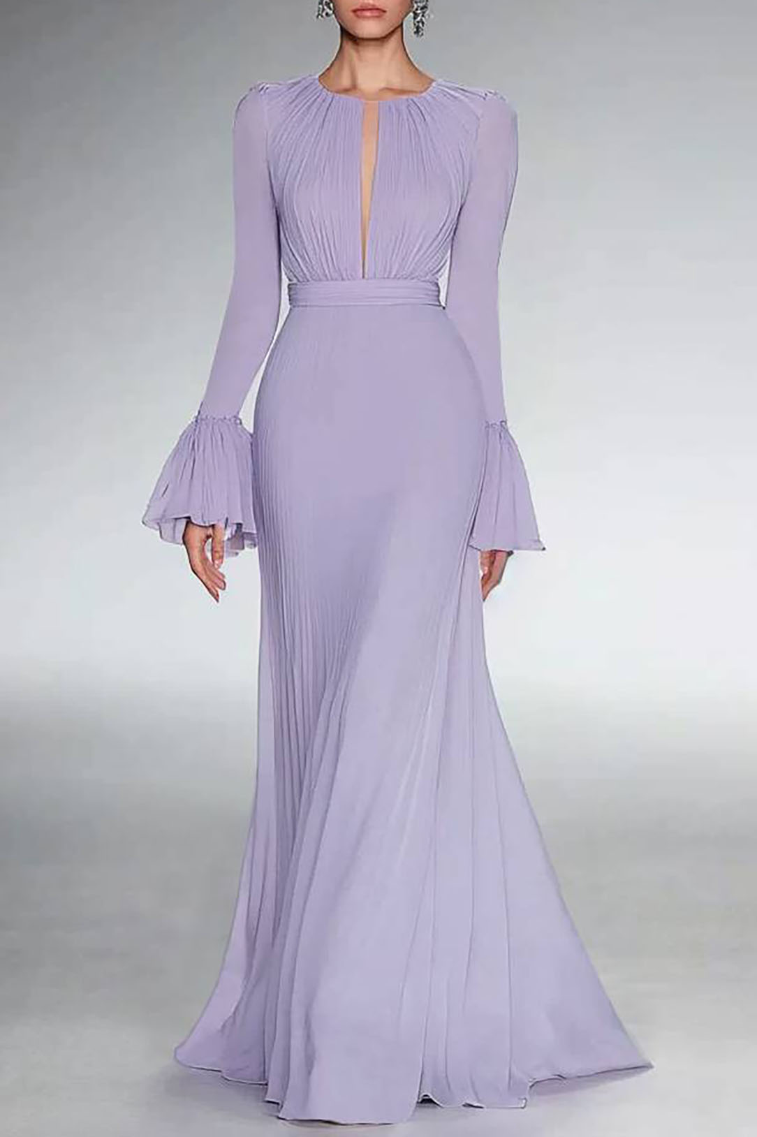 Party Formal Dress Purple Deep V-Neck Long Sleeve Ruffle Maxi Dress