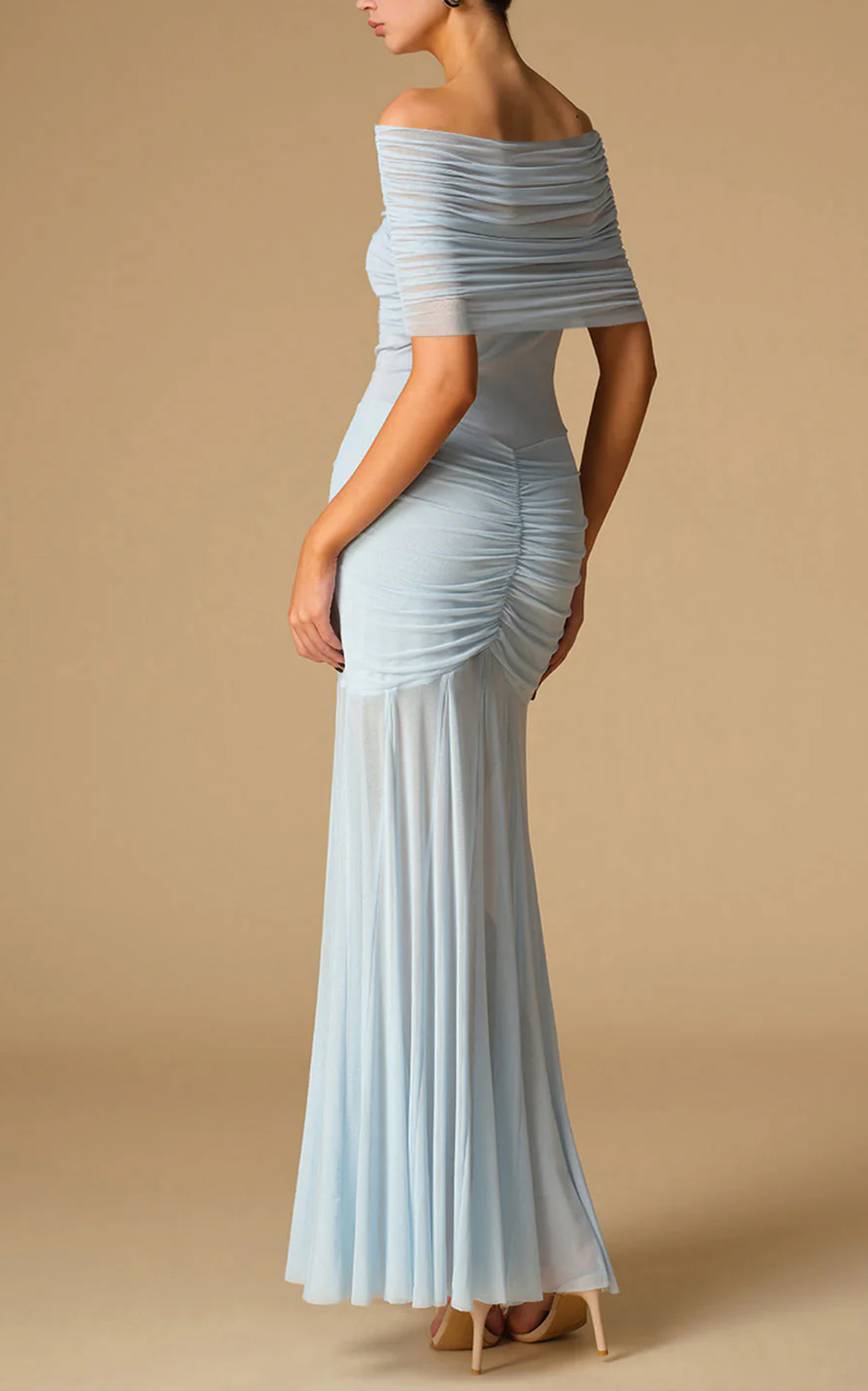 Off-Shoulder Ruched Semi-Sheer Dress