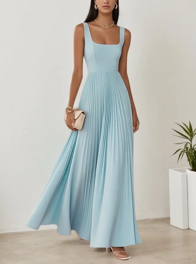 Light Blue Pleated Square Neck Sleeveless A-Line Maxi Dress