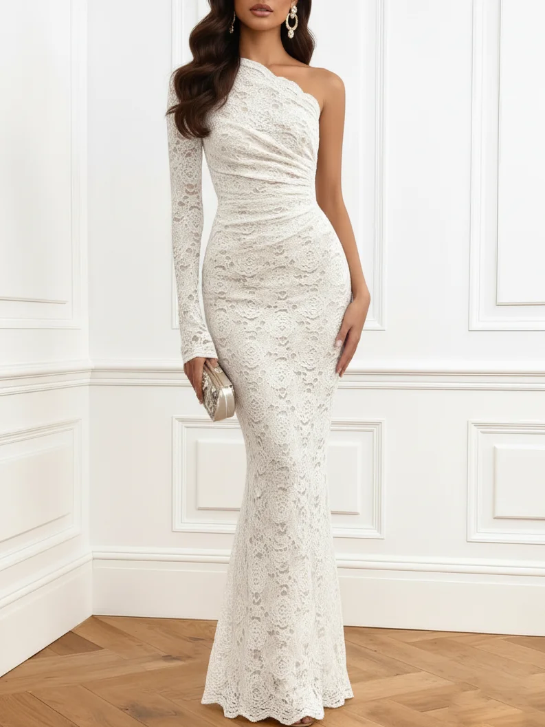 White Lace One Shoulder Long Sleeve Sheath Maxi Dress