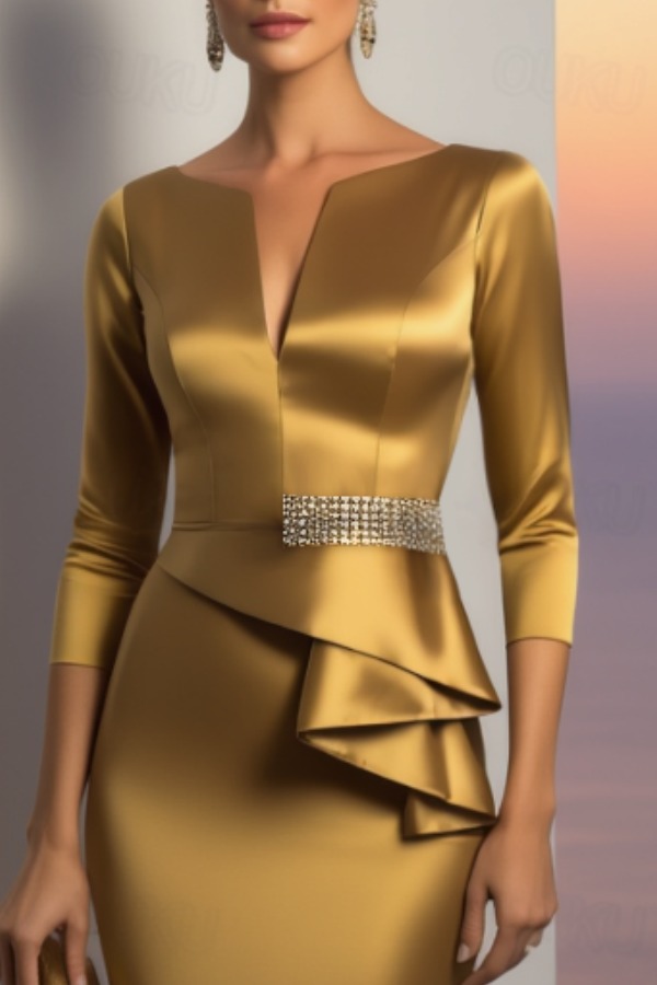 Formal ​Evening Dress Gold V Neck Maxi Satin Dress