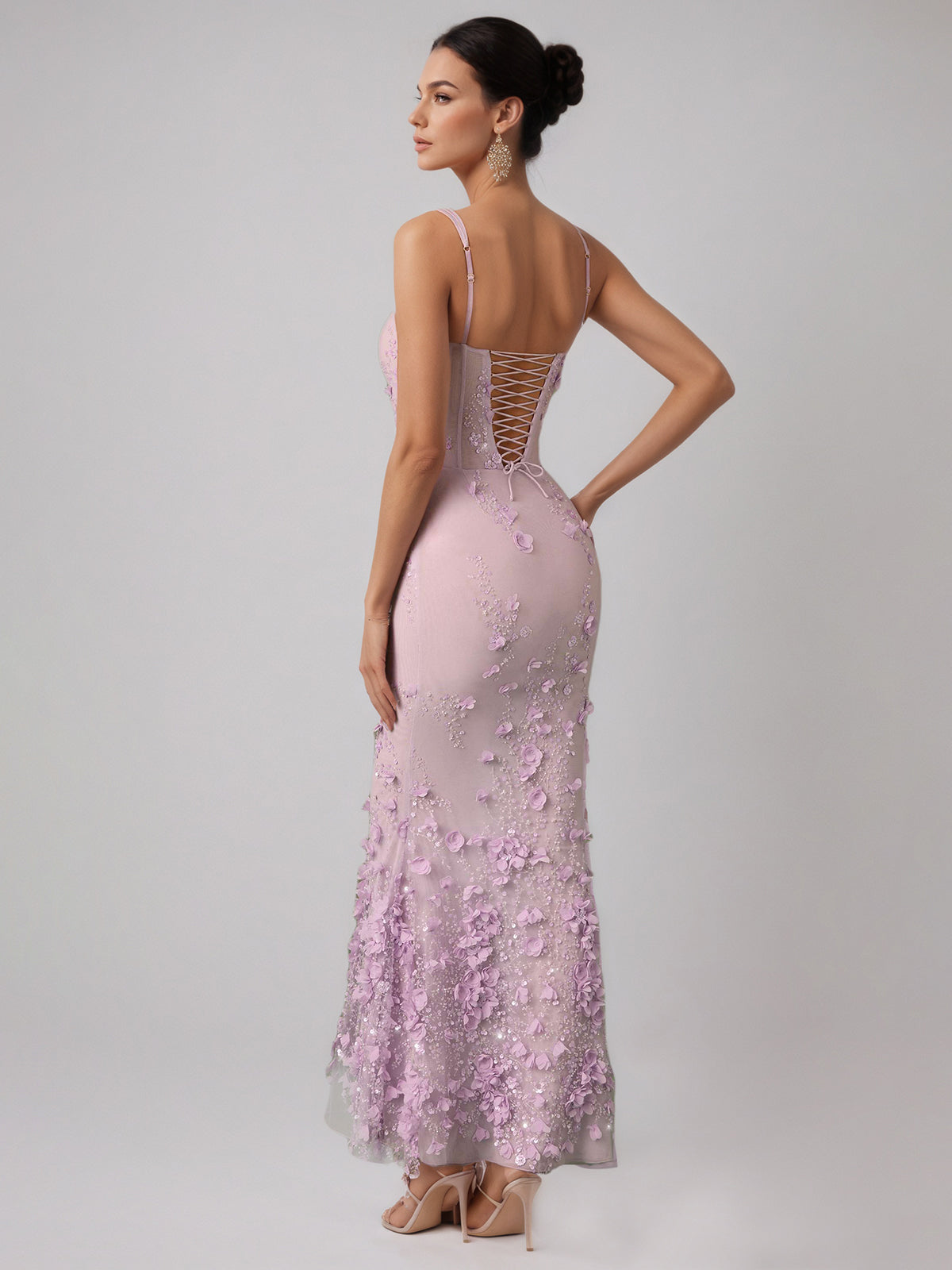 Lilac Square Neck Embellished Fishtail Corset Dress