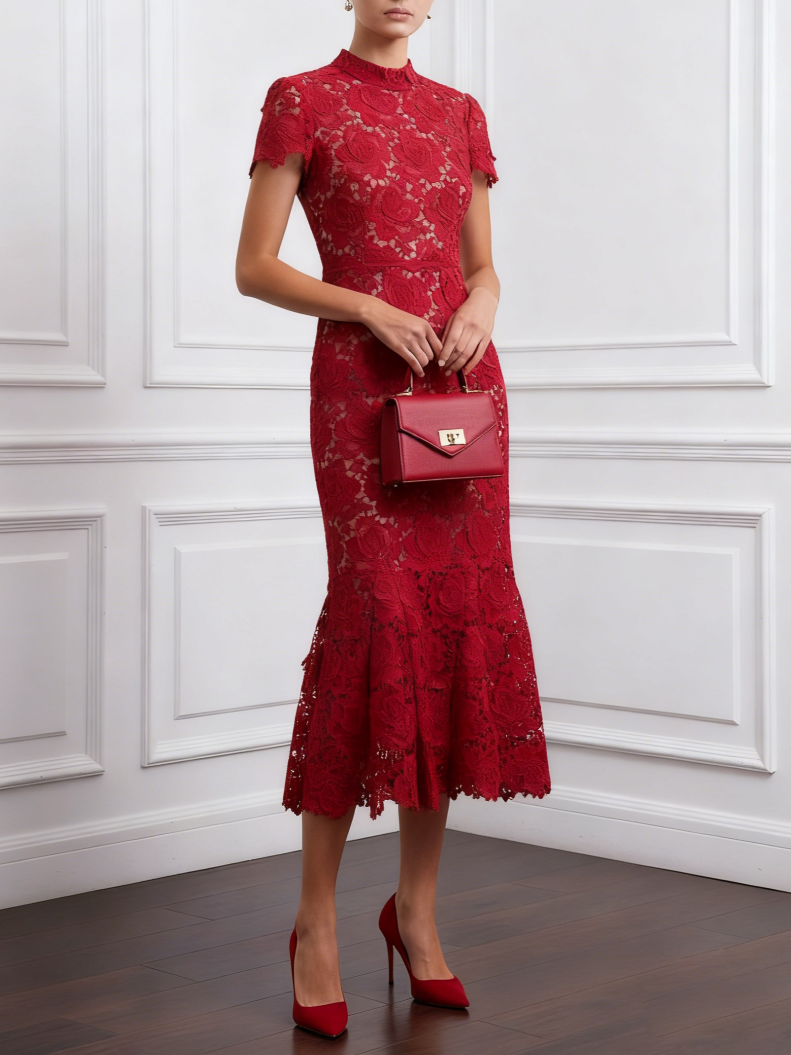 Red Lace Mock Neck Short Sleeve Mermaid Midi Dress