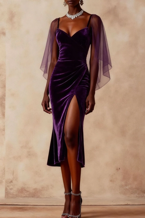 Dark Purple Formal Dress Sheath Ruffle Sleeve Velvet Midi Dress with Slit
