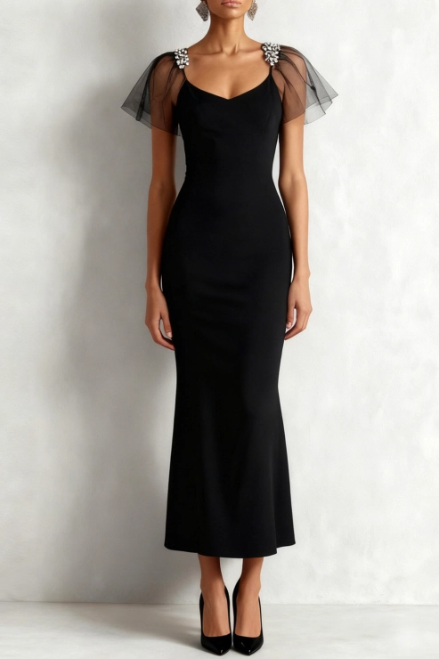Black Formal Evening Dress Mermaid Ruffle Sleeve Maxi Dress