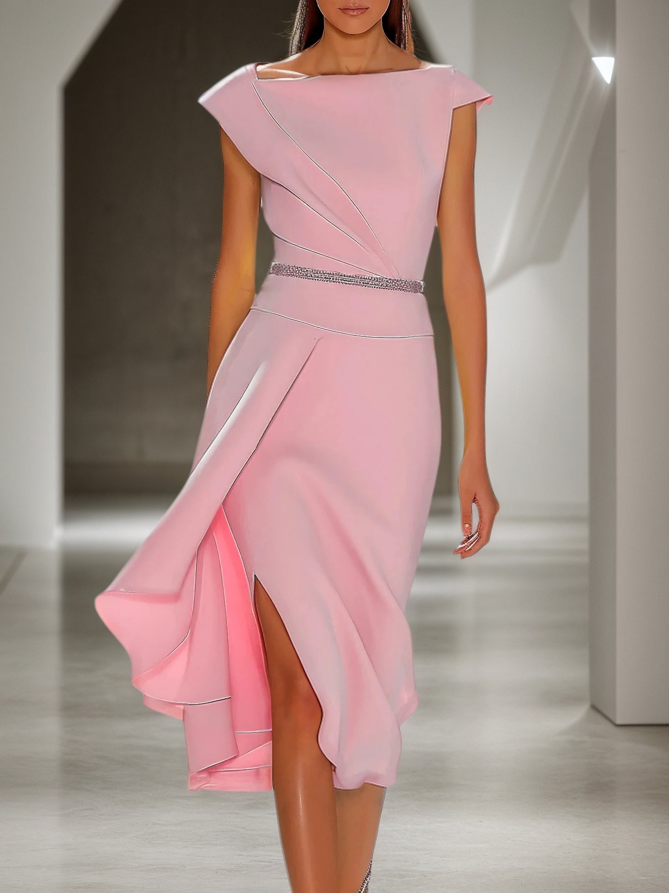 Pink Asymmetrical Neck Cap Sleeve Rhinestone A-Line Midi Dress
