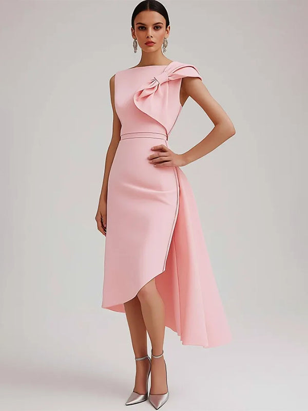 Wedding Guest Semi-Formal Dress Pink Sleeveless Bow Asymmetrical Midi Dress
