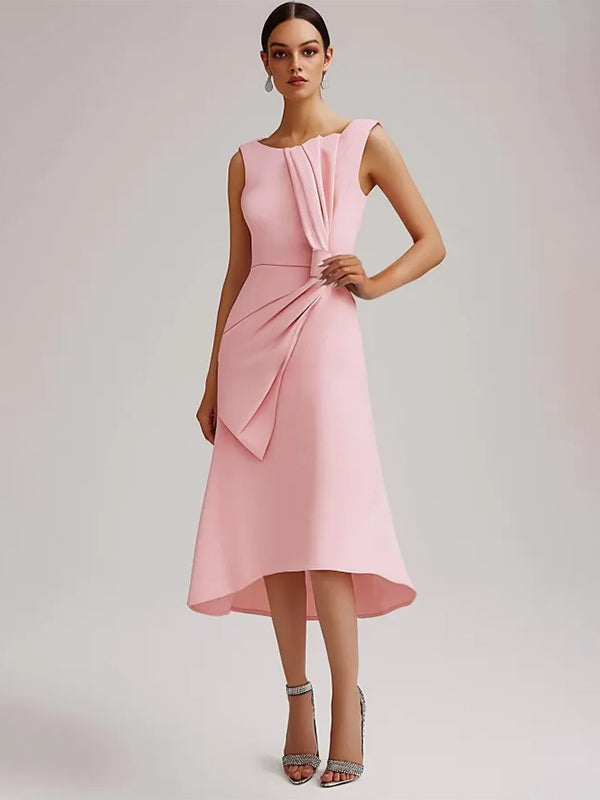 Wedding Guest Pink Dress Round Neck Sleeveless Bow Midi Dress