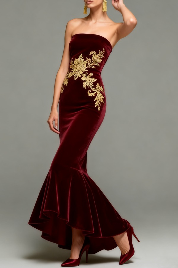 Formal Dress Burgundy Mermaid Off the Shoulder Printed Velvet Maxi Dress