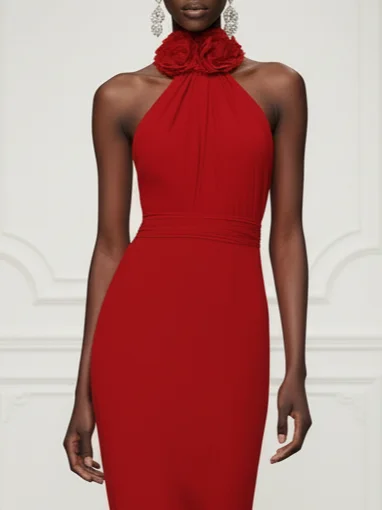 Red 3D Floral Ruched Knit Halter Sleeveless Sheath Midi Dress