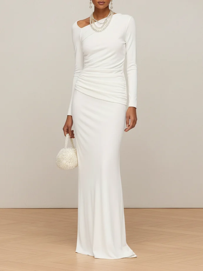White Ruched Knit Asymmetrical Long Sleeve Sheath Gown Dress