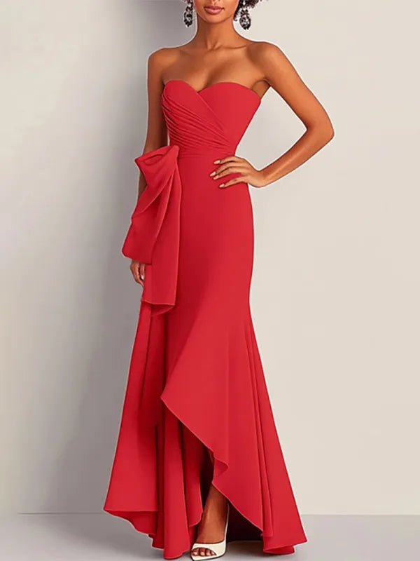 Formal Dress Red Strapless Pleated Waist Draped Floor-Length Gown