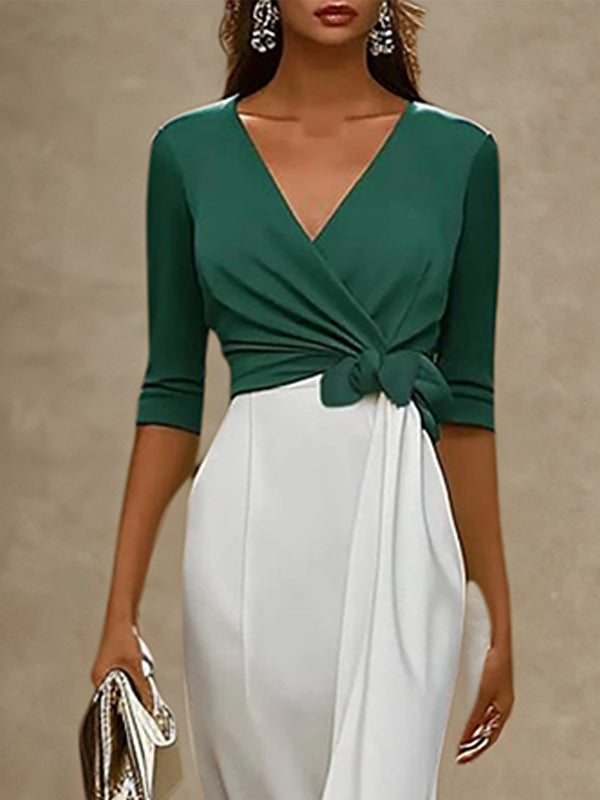 Elegant Formal Dress V Neck Half Sleeve Green White Evening Gown Dress