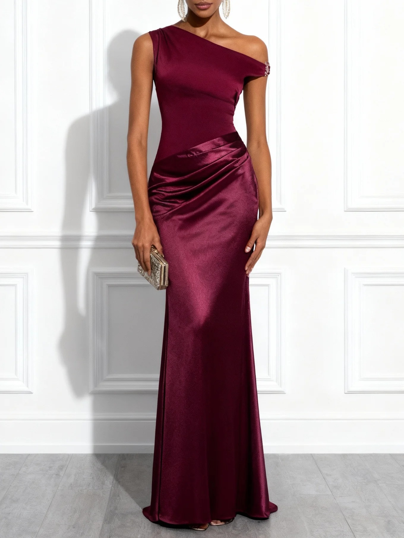 Burgundy Split Joint Ruched Satin One Shoulder Sleeveless Mermaid Maxi Dress