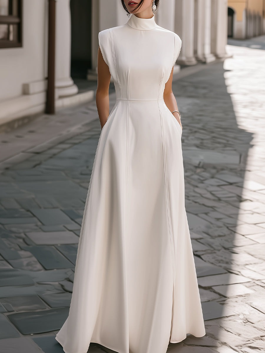White High-Neck Sleeveless Structured A-Line Gown