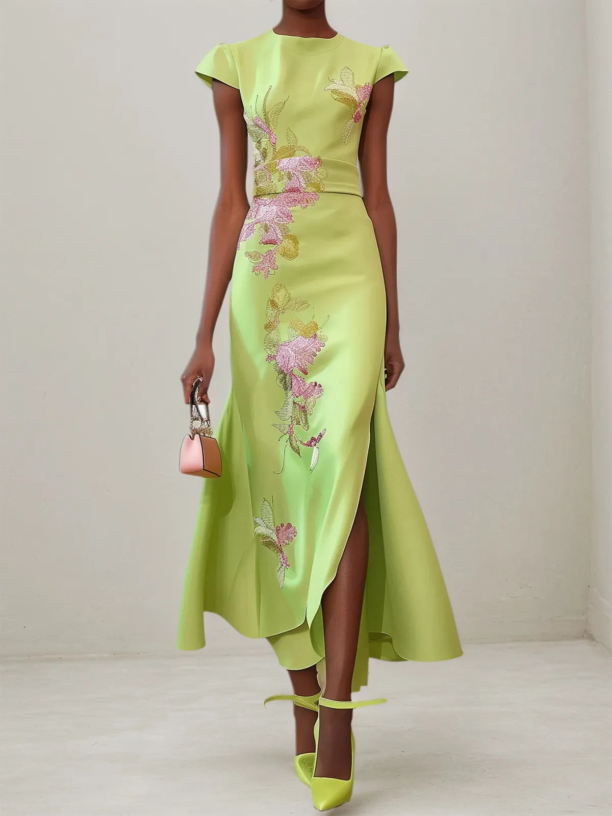 Green Floral Embroidered Cap Sleeve Slit Sheath Maxi Dress