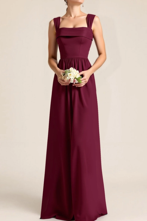 Burgundy Formal ​Wedding Bridesmaid Dress A-Line Lace-Up Maxi Dress