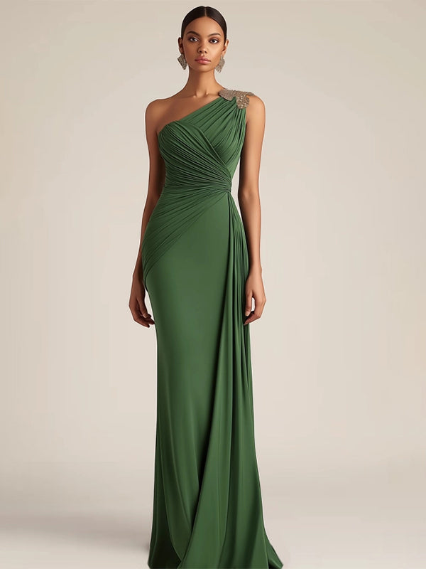 Formal Evening Dress Green One-Shoulder Ruched Floor-Length Dress