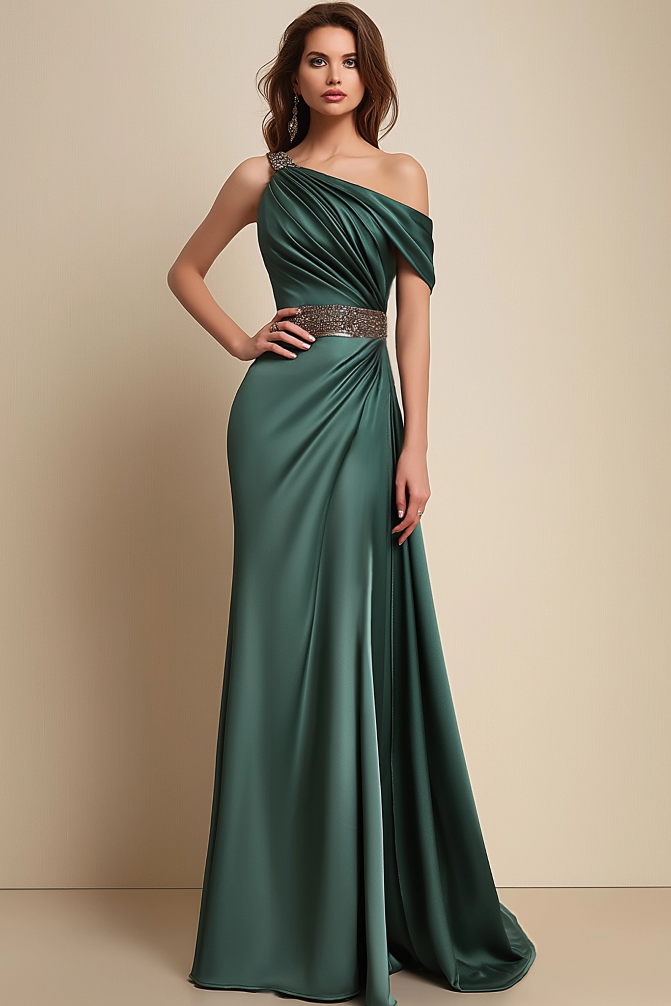 Formal Dress Green One-Shoulder Rhinestone Waist Belt Maxi Dress