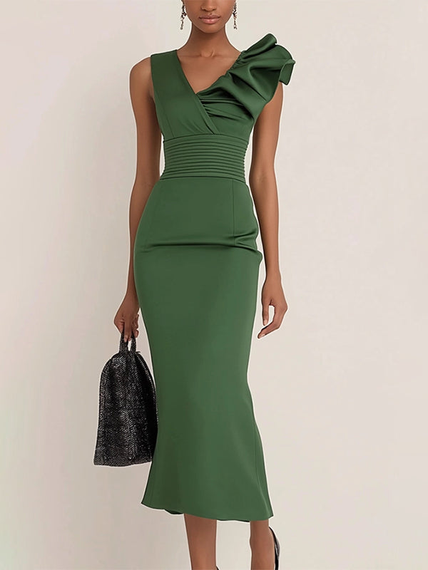 Work Semi-Formal Dress Green Sleeveless Ruffle Fitted Midi Dress