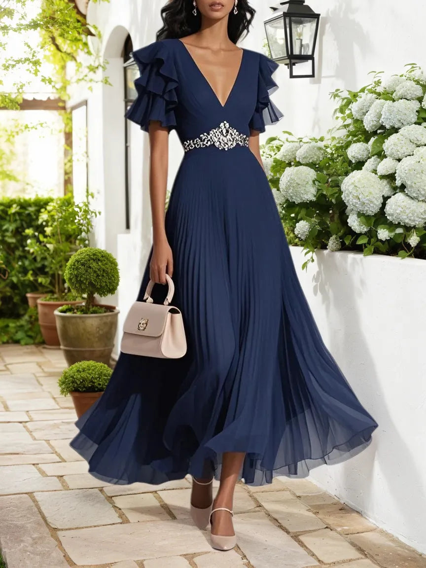 Purplish blue Pleated Rhinestone Chiffon V Neck Short Sleeve A-Line Maxi Dress