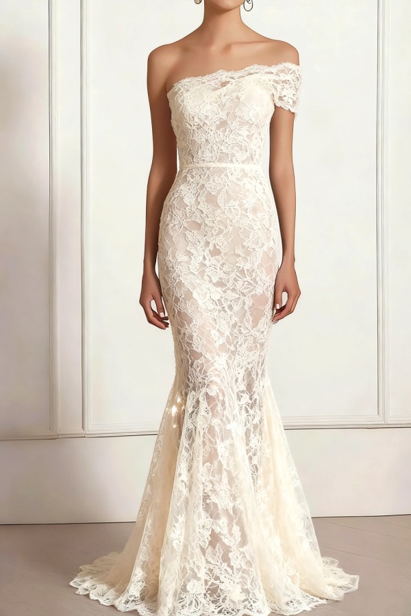 Evening Formal Dress White Mermaid Off the Shoulder Lace Maxi Dress