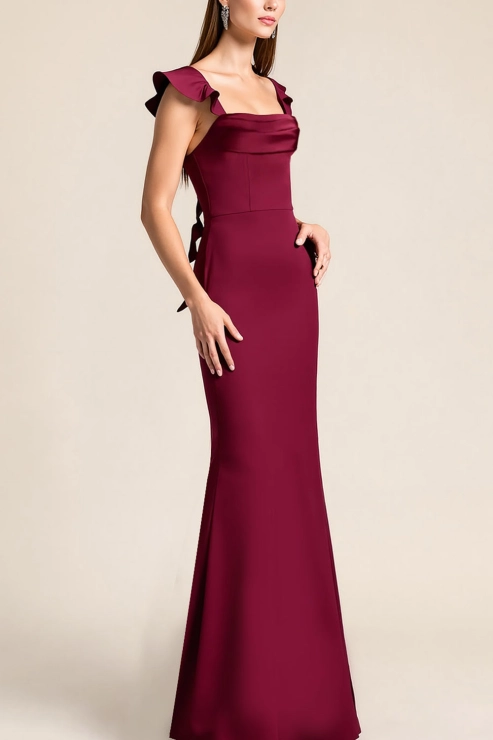 Formal ​Wedding Bridesmaid Dress Burgundy Cowl Neck Satin Maxi Dress with Ruffle