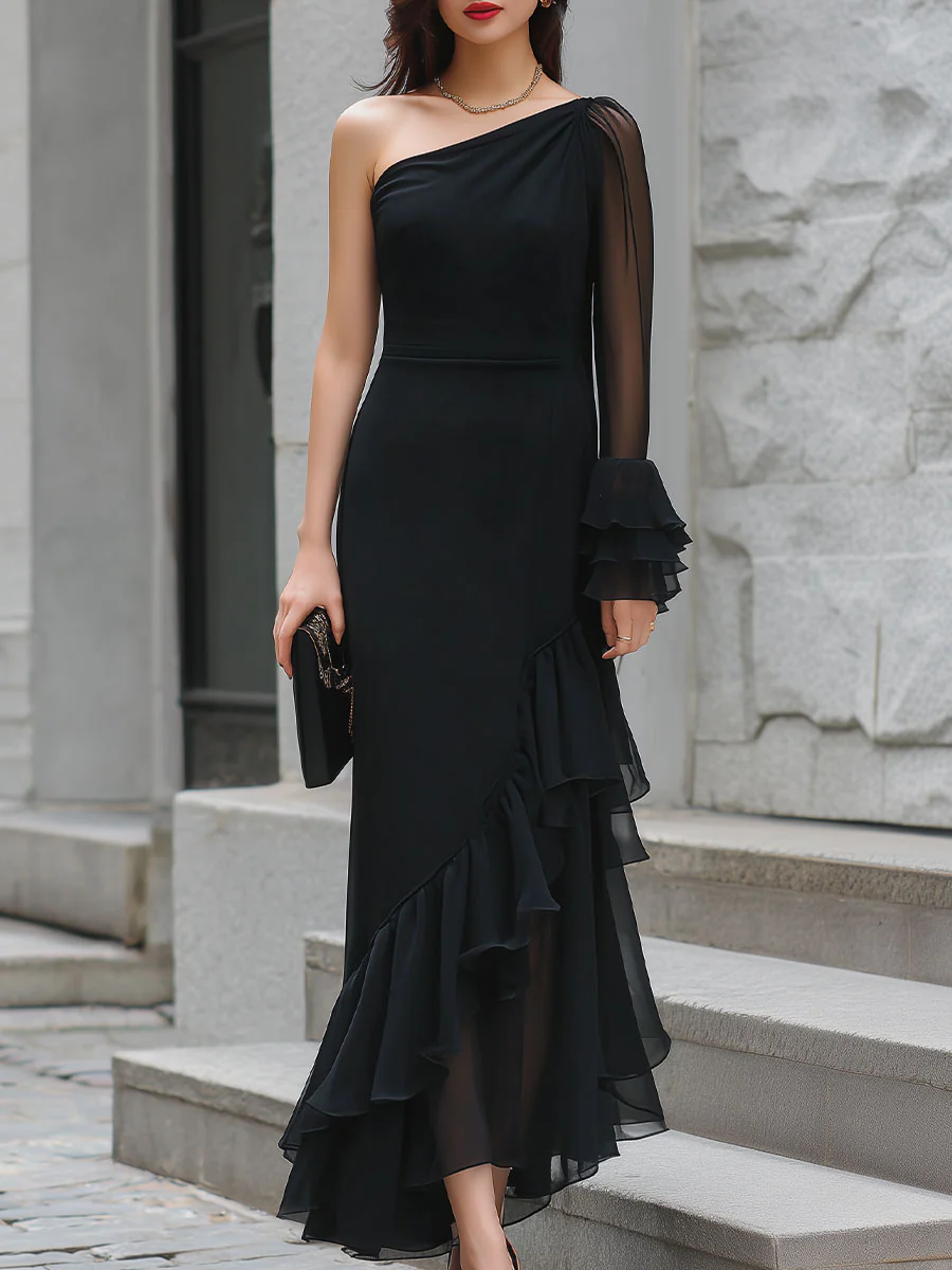 Black One-Shoulder Sheer Ruffled Midi Dress