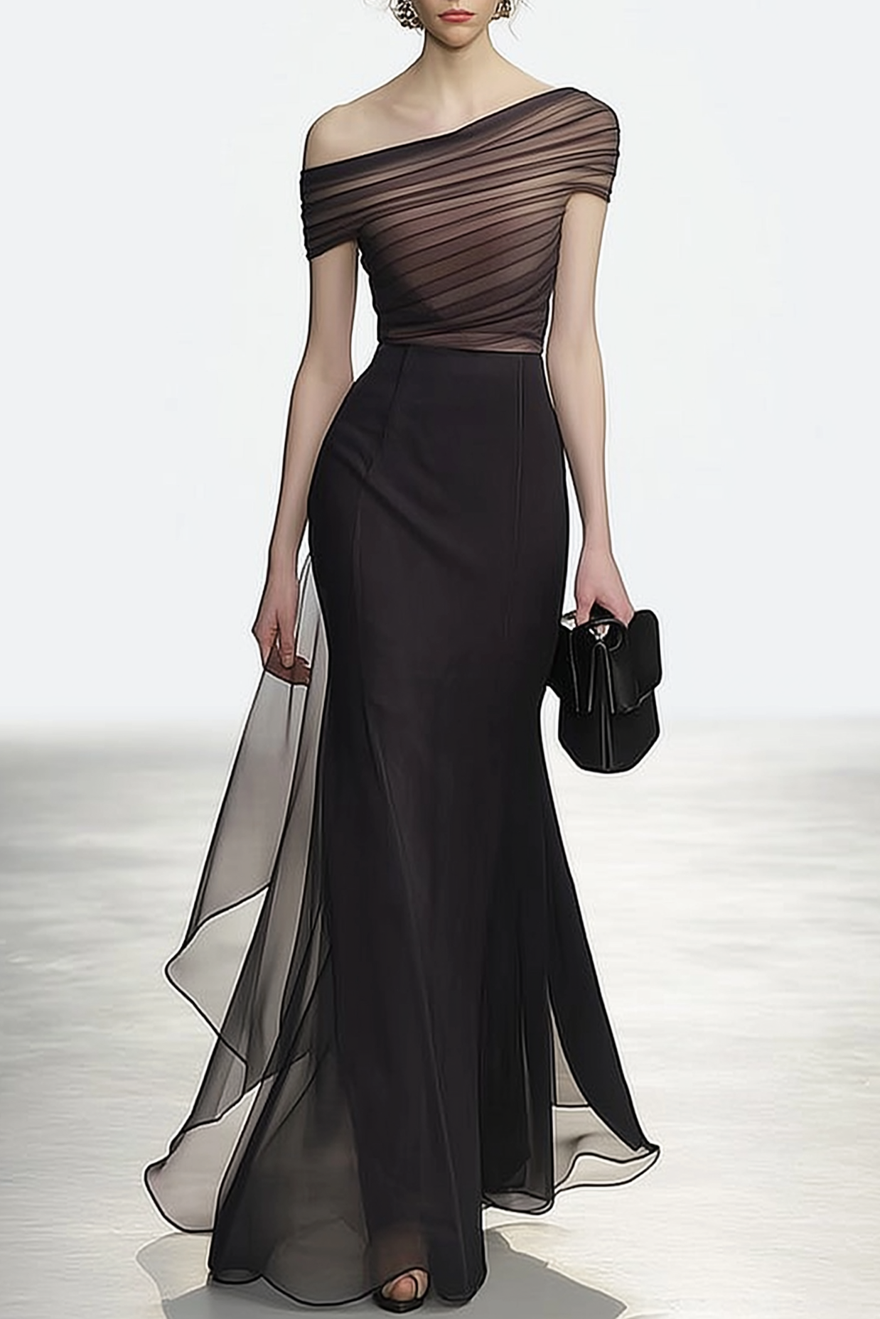 Formal Evening Dress Black One-Shoulder Pleated Chiffon Maxi Dress