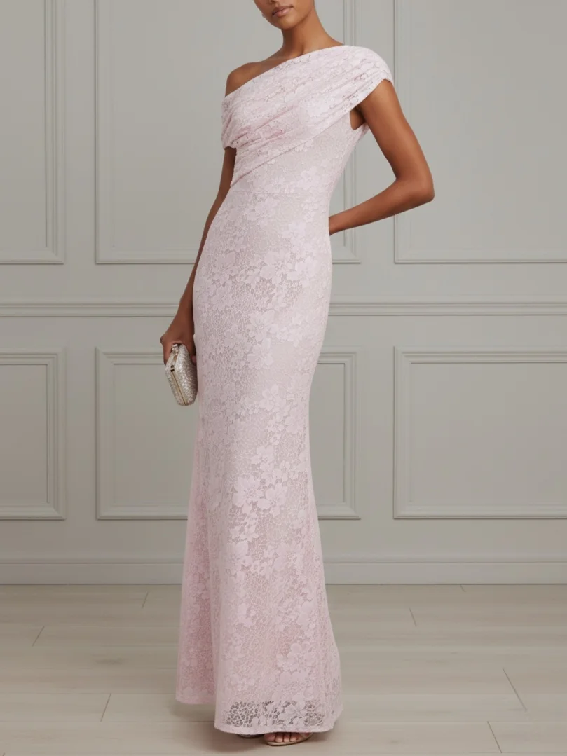 Pink Ruched Lace Off The Shoulder Short Sleeve Sheath Maxi Dress