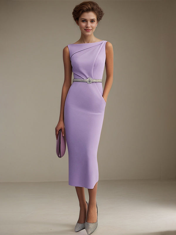 Semi-Formal Dress Purple Boat Neck Sleeveless Pockets Fomal Dresses