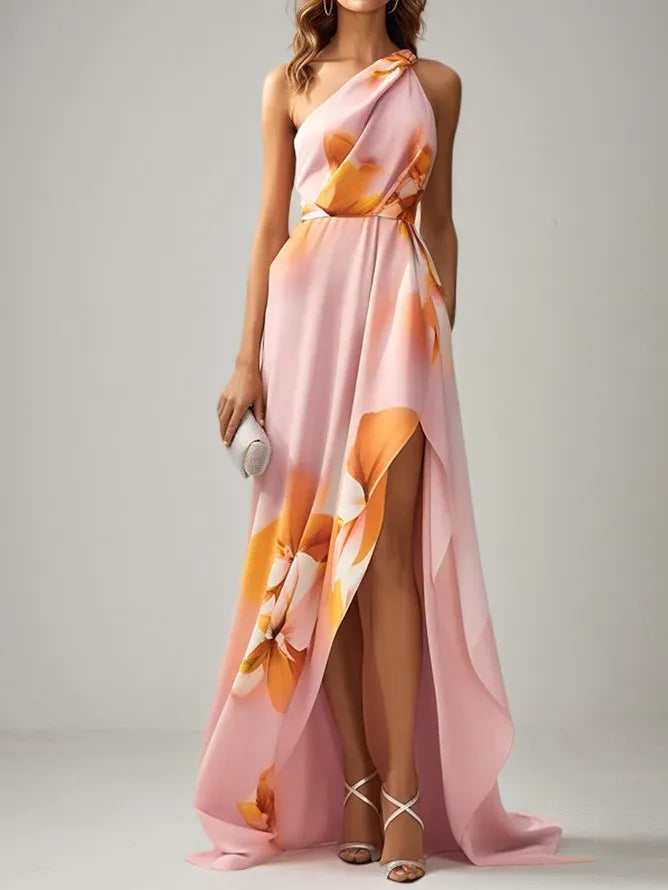 Orange Pink Floral One Shoulder Slit A Line Gown