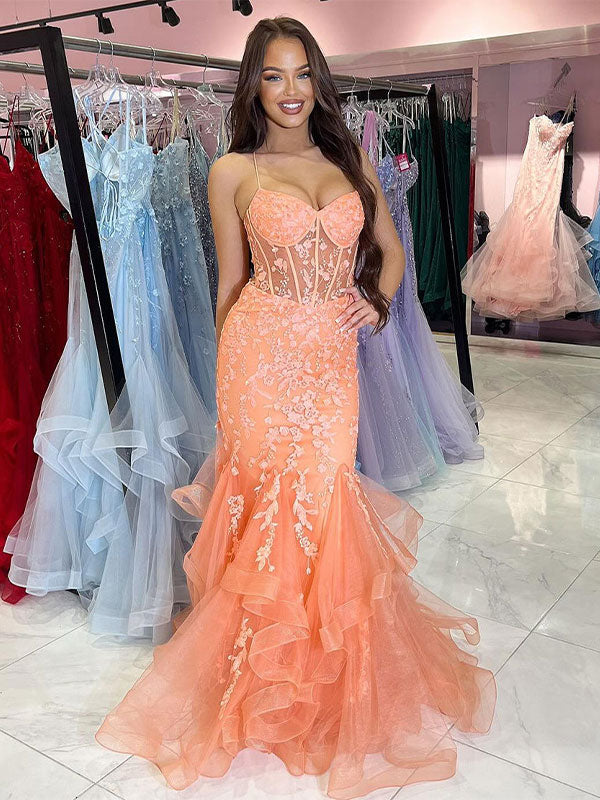 Orange Mermaid Spaghetti Tulle Tiered Long Prom Dress with Appliques