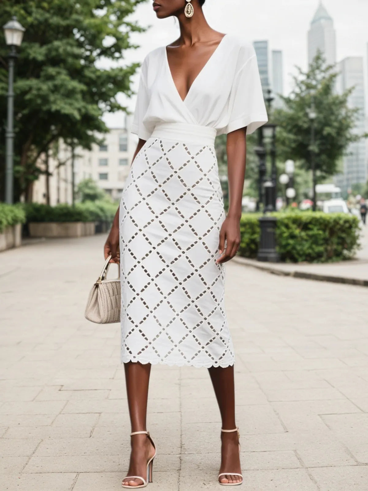 White Hollow Out Plaid Classic V Neck Short Sleeve Sheath Midi Dress