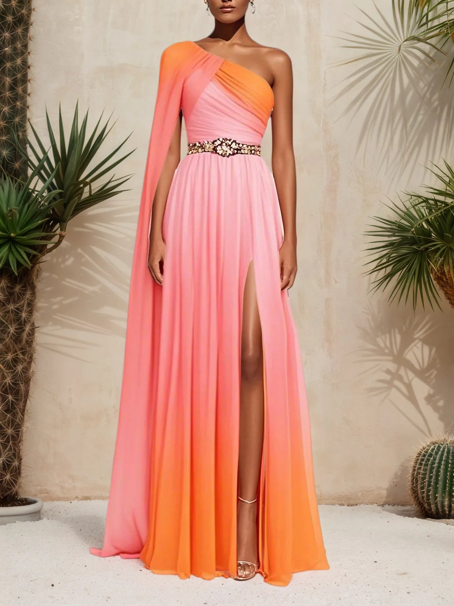 Pink Side-Slit One Shoulder Sleeveless A-Line Gown Chiffon Dress