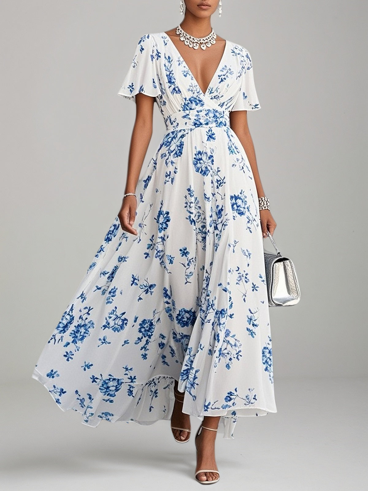 Blue Floral Chiffon V Neck Short Sleeve A Line Maxi Dress