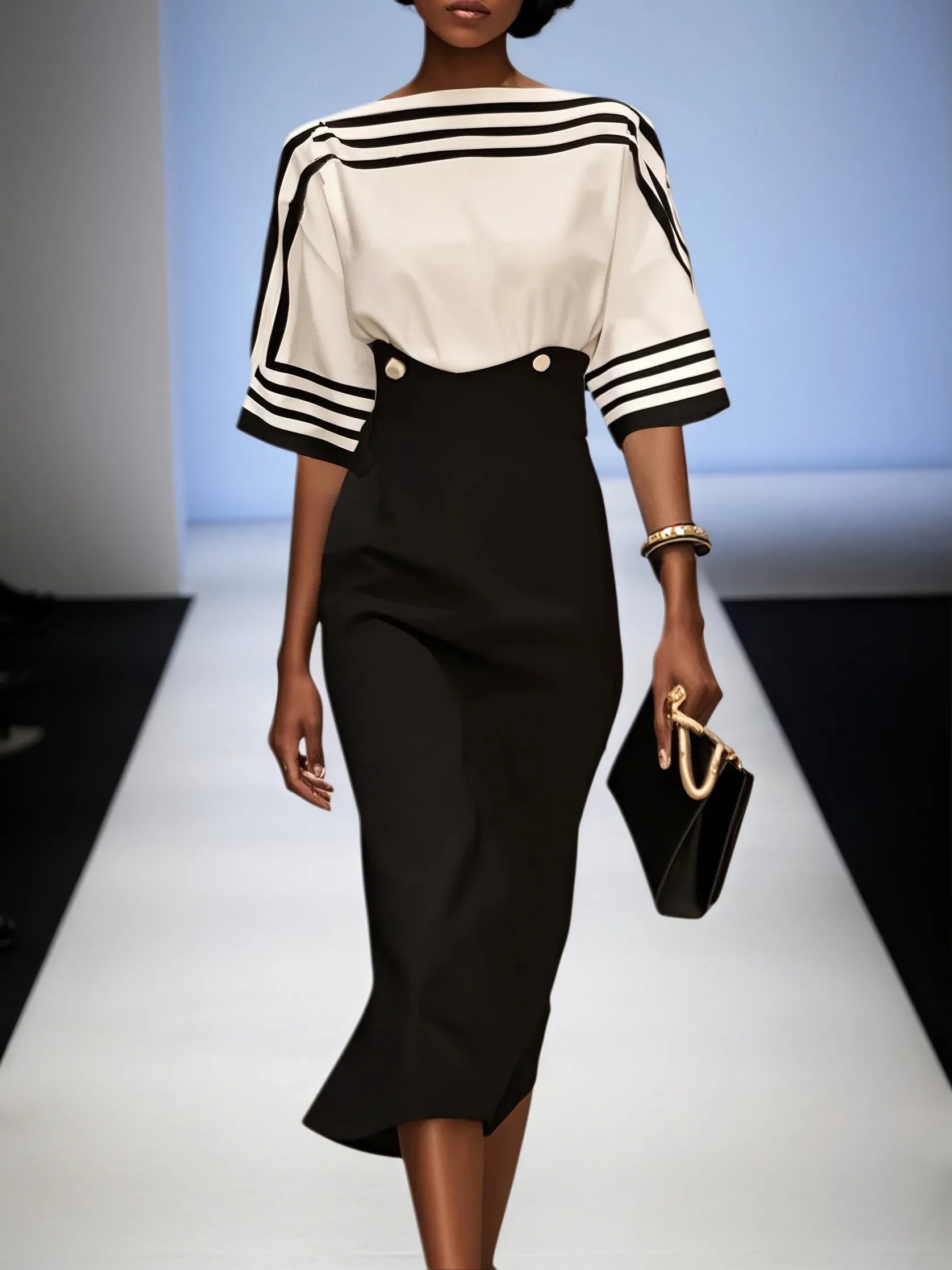 Black Striped Boat Neck Half Sleeve Sheath Midi Satin Dress