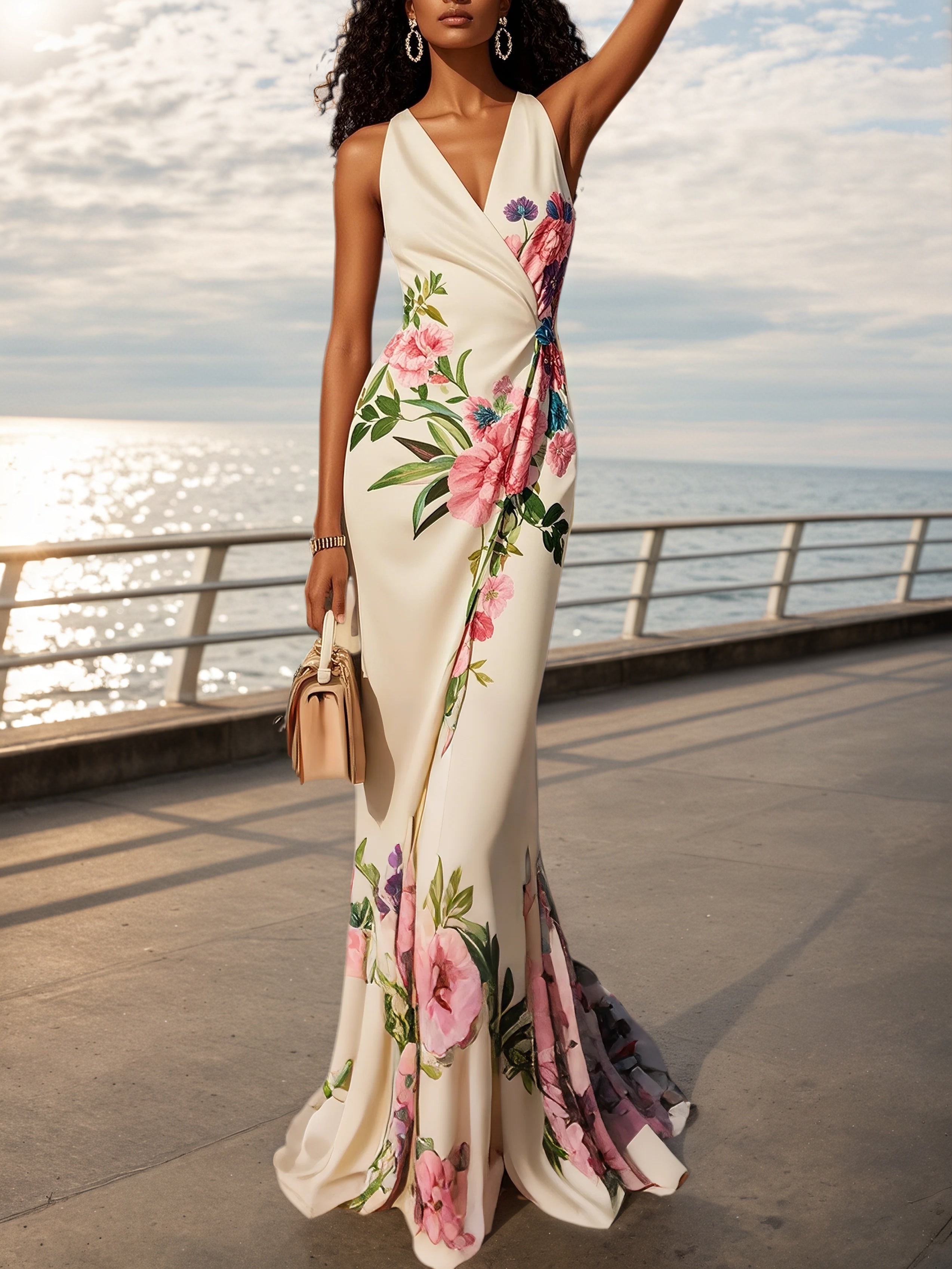 Pink Cross Floral V Neck Sleeveless Mermaid Gown Dress