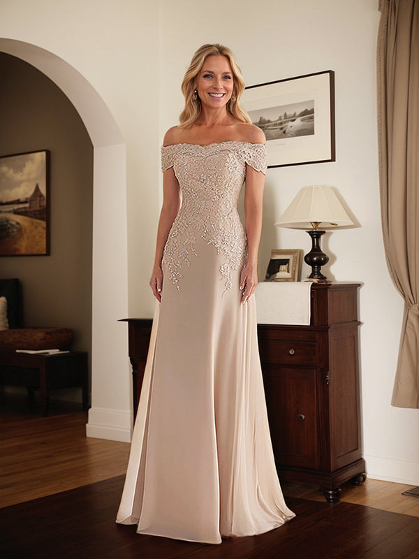 Elegant Taupe Off The Shoulder Sheath Mother of the Bride Dress with Lace