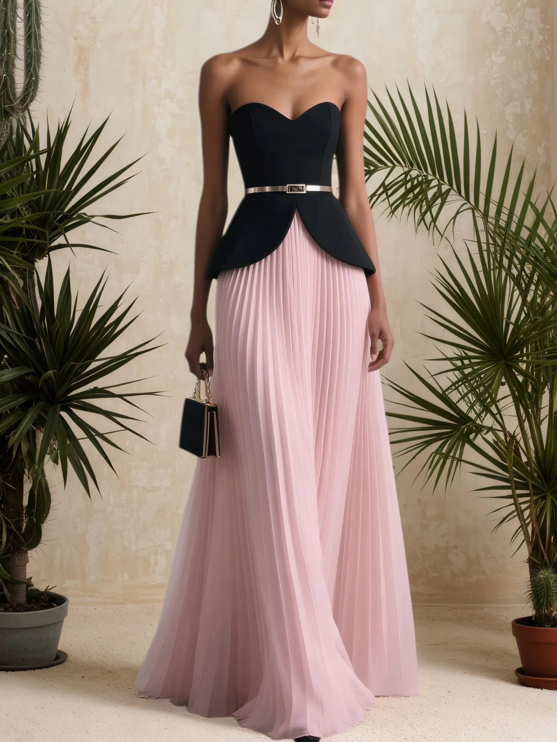Women Pink Pleated Strapless Sleeveless Dressy Top With Skirt Two-Piece Set