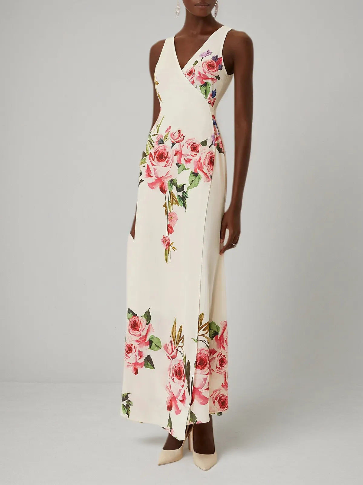 Pink Cross Floral Wrap Dress V Neck Sleeveless Mermaid Gown Dress