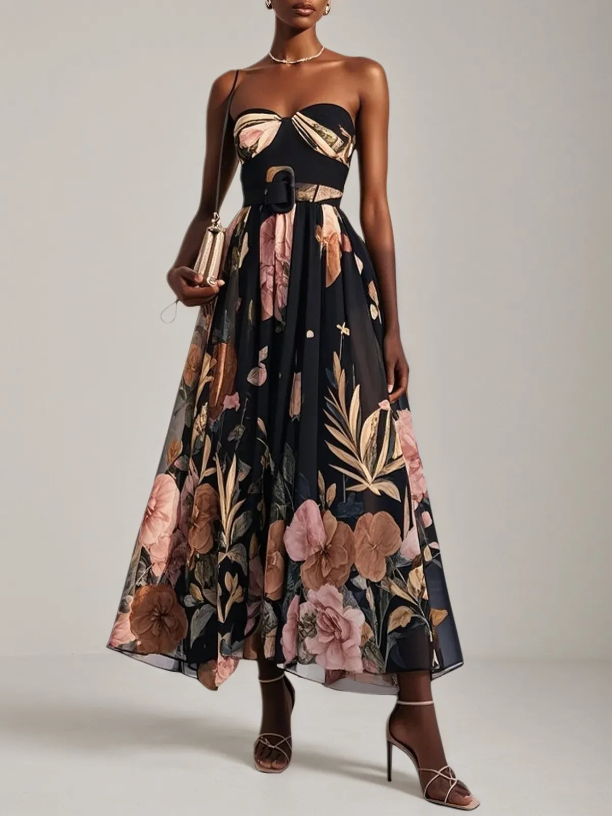 Black Floral Chiffon Strapless Sleeveless A-Line Midi Dress