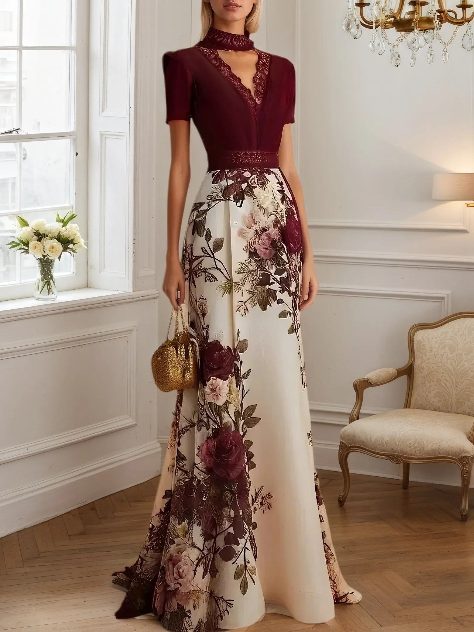 Wine Red Lace Floral Satin V Neck Short Sleeve A-Line Maxi Dress